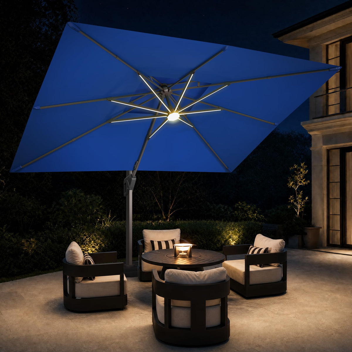9x12 FT Cantilever Offset Patio Umbrella with Lights & Base (Navy)