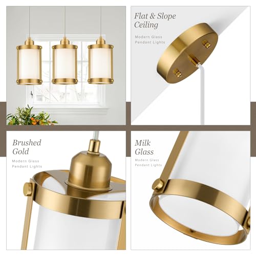 Brushed Gold Pendant Lights Kitchen Islands (Gold + Milk Glass / 1-Light Pendant, 3 Pack)
