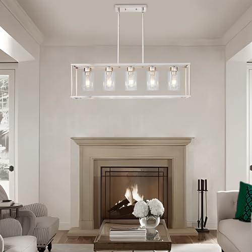 5 Light Dining Room Light Fixture Rectangular Modern Farmhouse Chandelier Brushed Nickel Linear Hanging Pendant Lighting Rectangle for Kitchen Living Room Adjustable Height with Glass Shade (Brushe...