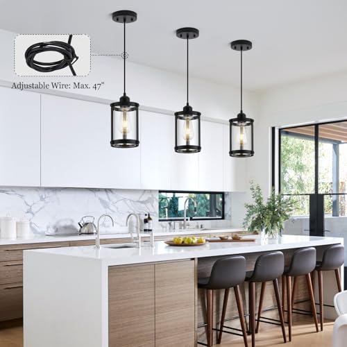 Matte Black Pendant Lights Kitchen Islands (Black + Clear Glass / 1-Light Pendant, 3 Pack)