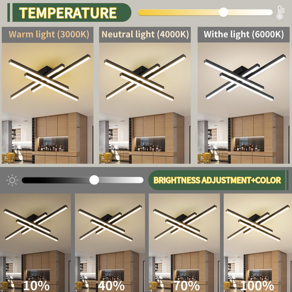 Modern LED Ceiling Lights 43.3" Black Flush Mount Ceiling Light Fixture Sputnik Dimmable Ceiling Lights with Remote Control for Bedroom Living Room Kitchen Room (4 Lights)
