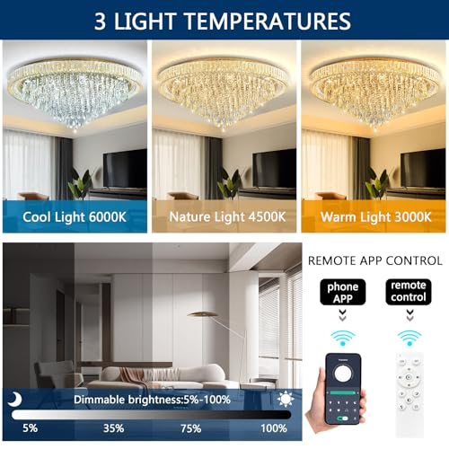 Modern Crystal Chandeliers LED Dimmable Flush Mount Ceiling Chandeliers for Living Room High Ceiling Entrance Foyer Lobby Bedroom Gold (Gold / 47.2" Width)
