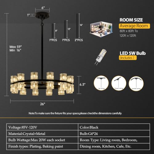 24 Lights Dia 26" Black Crystal Chandeliers for Dining Room Light Fixture (Black / Round D26'' 24-Lights)