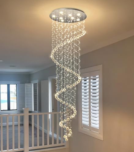 W24 x H78 Inches Crystal Glam Chandelier Long Light Chandeliers with Dimmable Light Bulbs Silver High Ceiling Pendants Light Fixtures for Foyer Entryway Living Room Stair (Silver / Spiral W24" X 78")