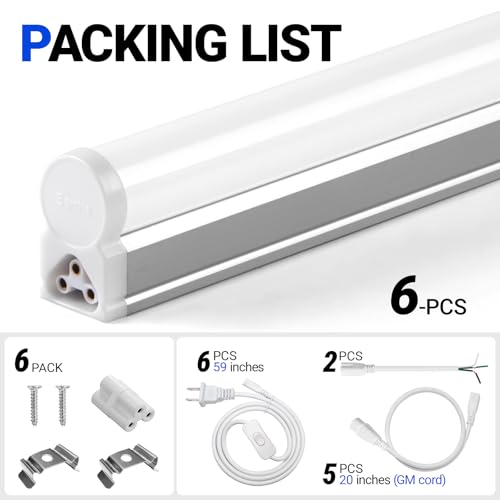 6 Pack LED T5 Integrated Single Fixture (6500k Super Bright White / 4 Feet-6 Power Cords)