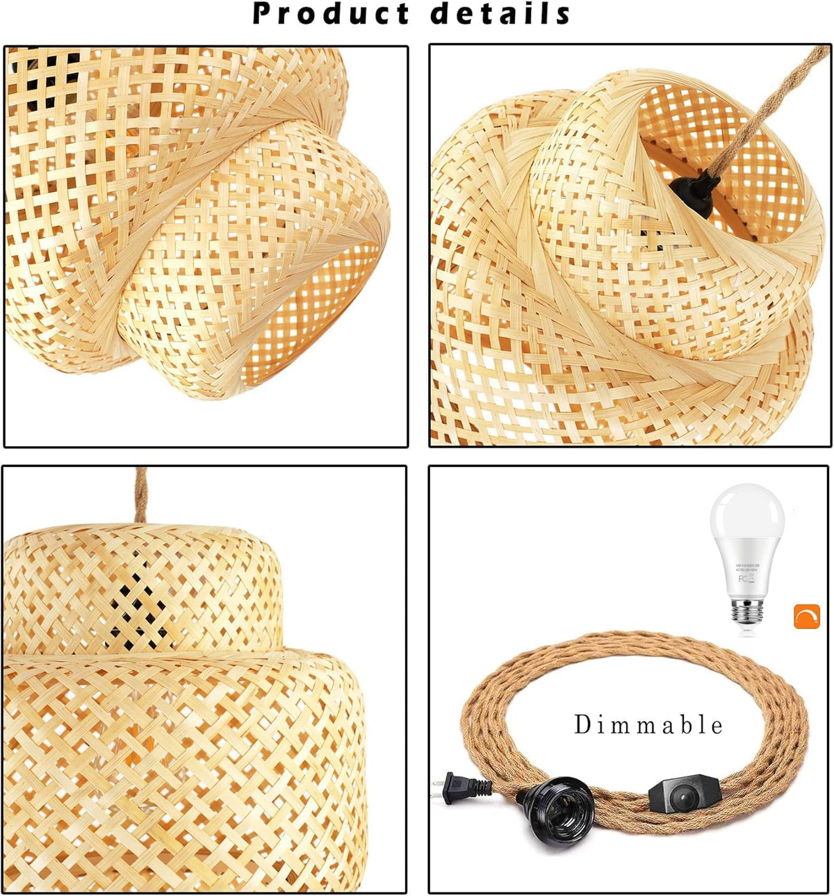 Plug in Pendant Light Rattan Hanging Lights with Plug in Cord Bamboo Hanging Lamp Dimmable (Pendant Light-2)