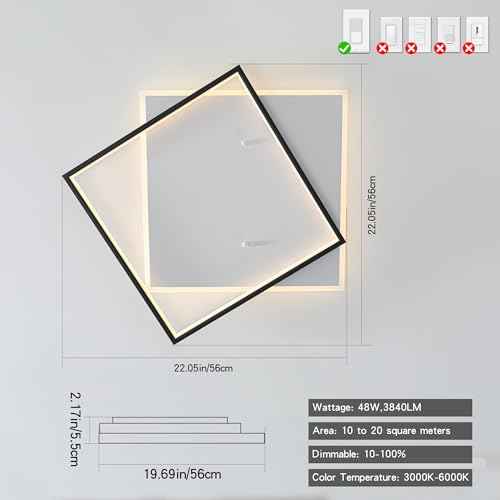 Black Modern LED Bedroom Ceiling Light Dimmable Flush Mount Ceiling Light Fixture 22" Square Ceiling Lamp with Remote Control Kitchen Lighting Fixture Ceiling
