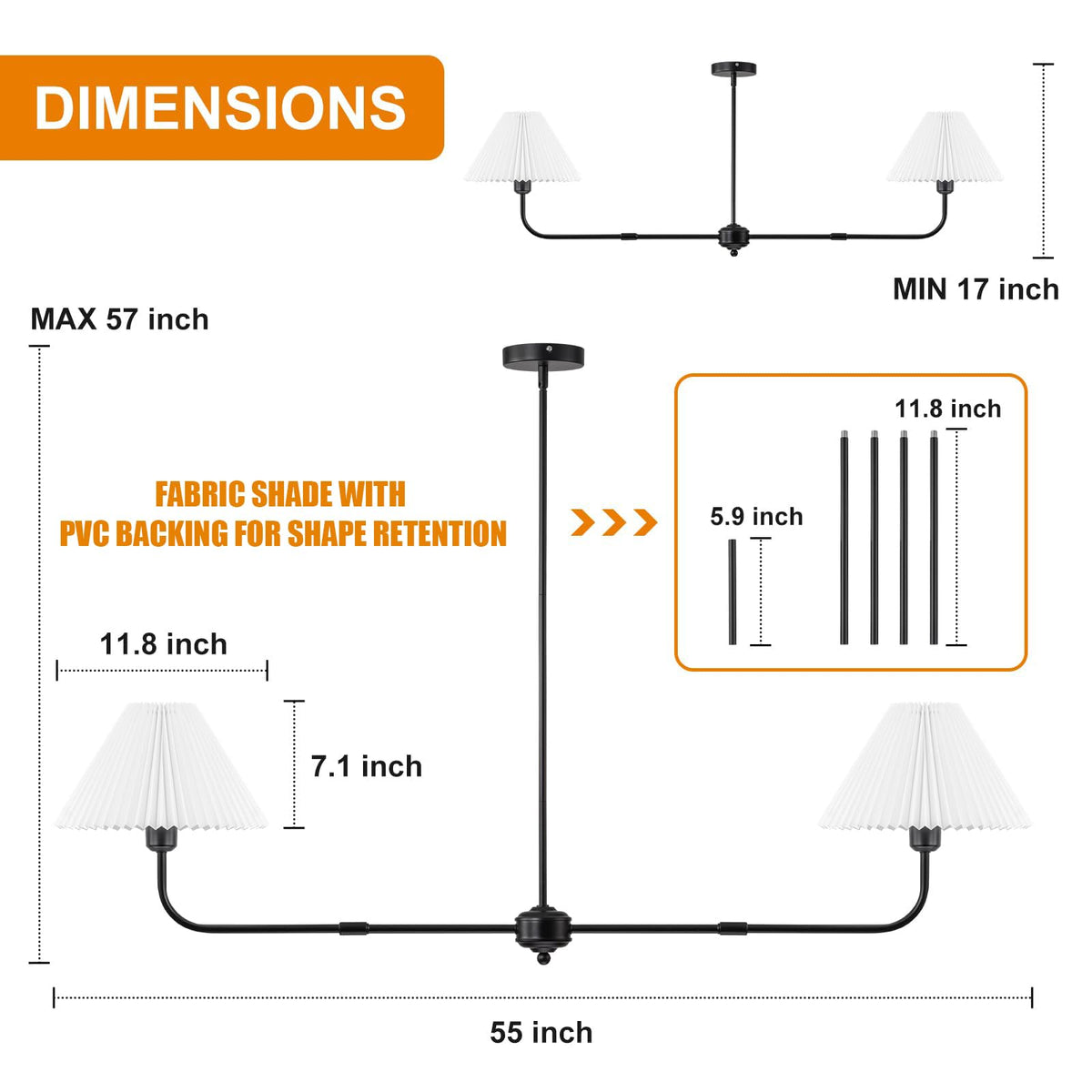 55" Black Modern Chandelier (Black-2 Lights)