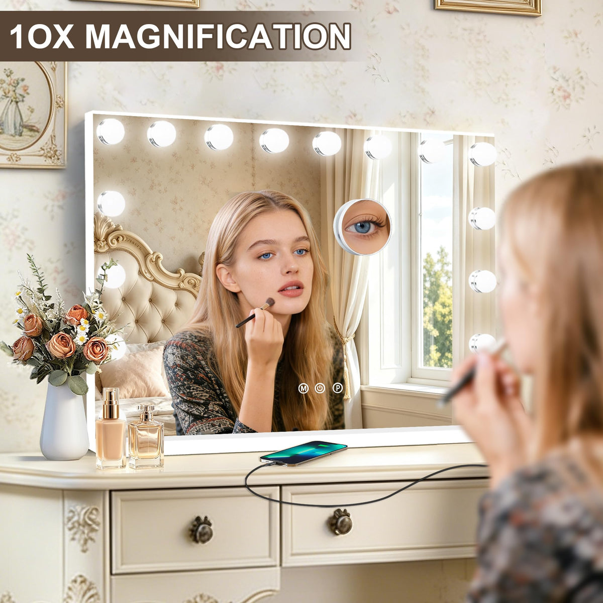26" x 20" Hollywood Vanity Mirror with Lights (White / 26"L x 20"W)