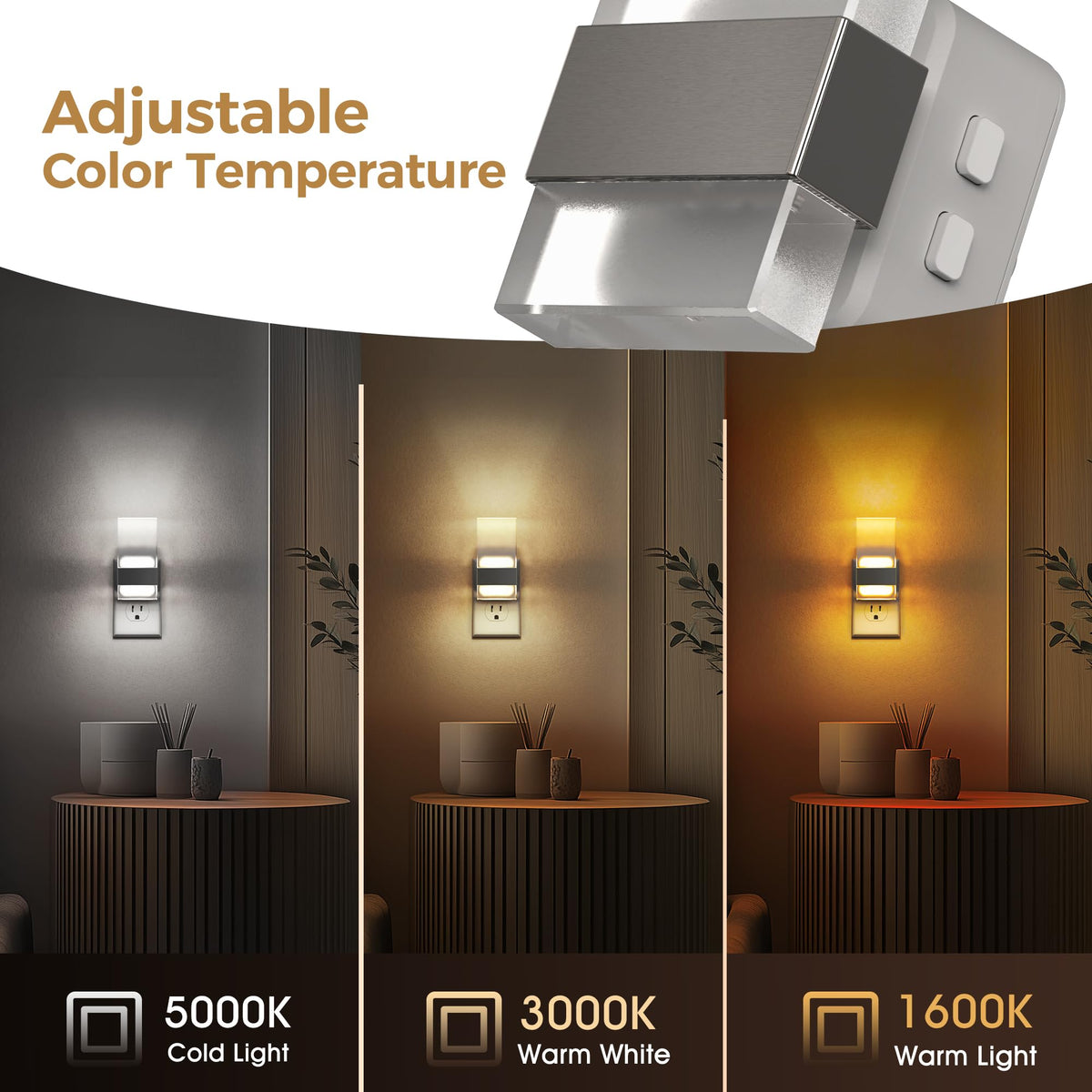 Night Light Adjustable Color Temperature Night Lights 2 Pack (Silver)
