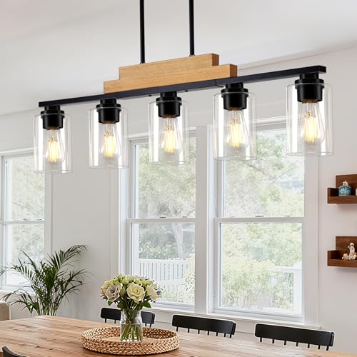5 Light Wood Dining Room Light Fixture Over Table with Clear Glass Shade (Black & Beige / 5-Light)