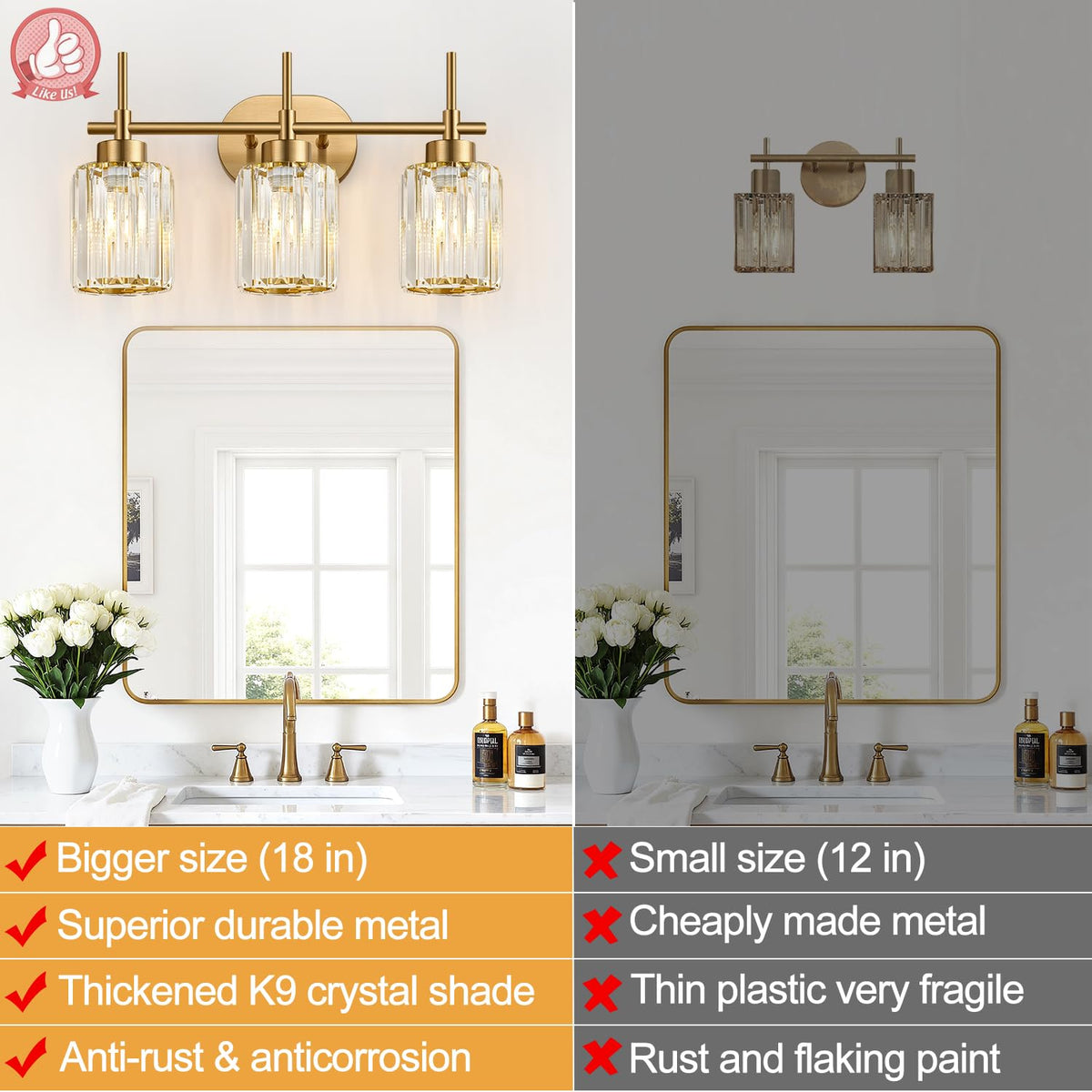 Modern Crystal Bathroom Vanity Light (Brushed Gold / 3-light)
