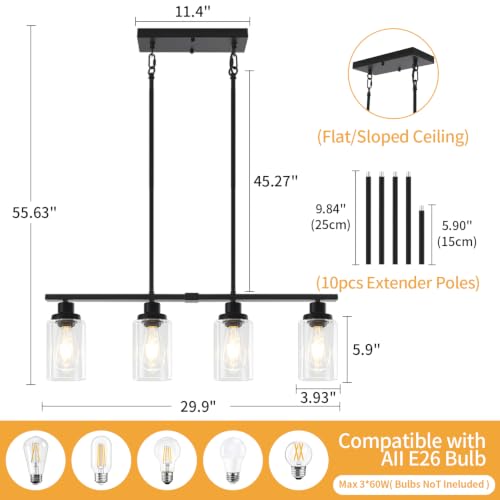Modern Island Lights for Kitchen Black Dining Room Light Fixtures (4-Light Clear Black)