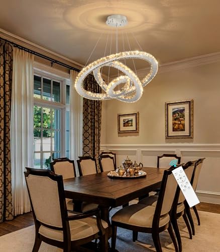 Modern Crystal Chandelier Dimmable LED Ceiling Light Fixture 3 Ring Adjustable Stainless Steel Chandeliers for Dining Room Living Room Bedroom Silver (Silver / 3-Ring 24")