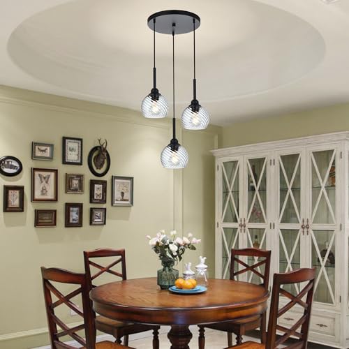 3 Light Black Cluster Pendant Light with Striped Swirl Globe Glass Pendant Lighting for Kitchen Island (Transparent / 3-Light-Round Cluster)