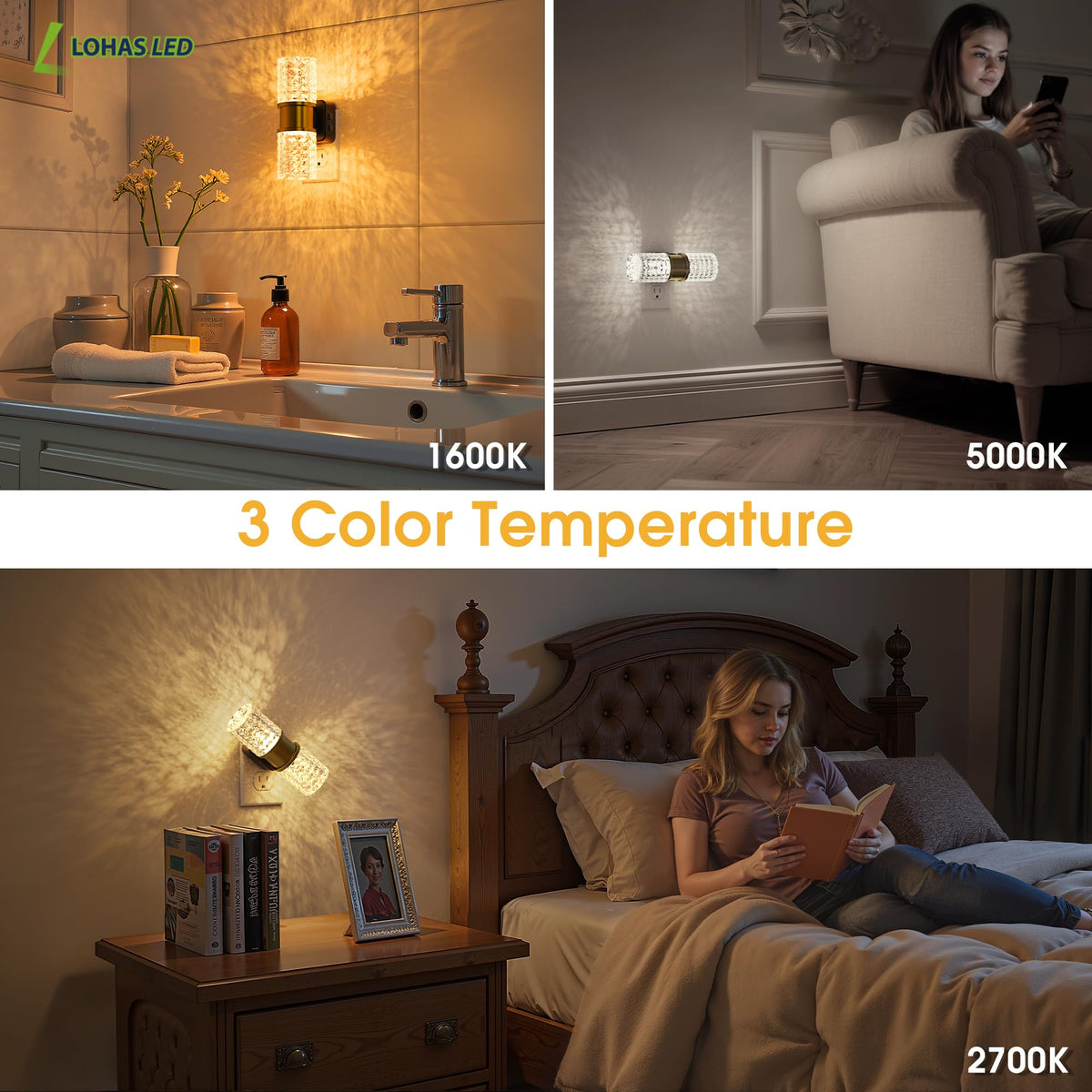 Night Light Modern Night Lights Plug into Wall (Gold Ring-3CCT Diamond / 2 Pack)