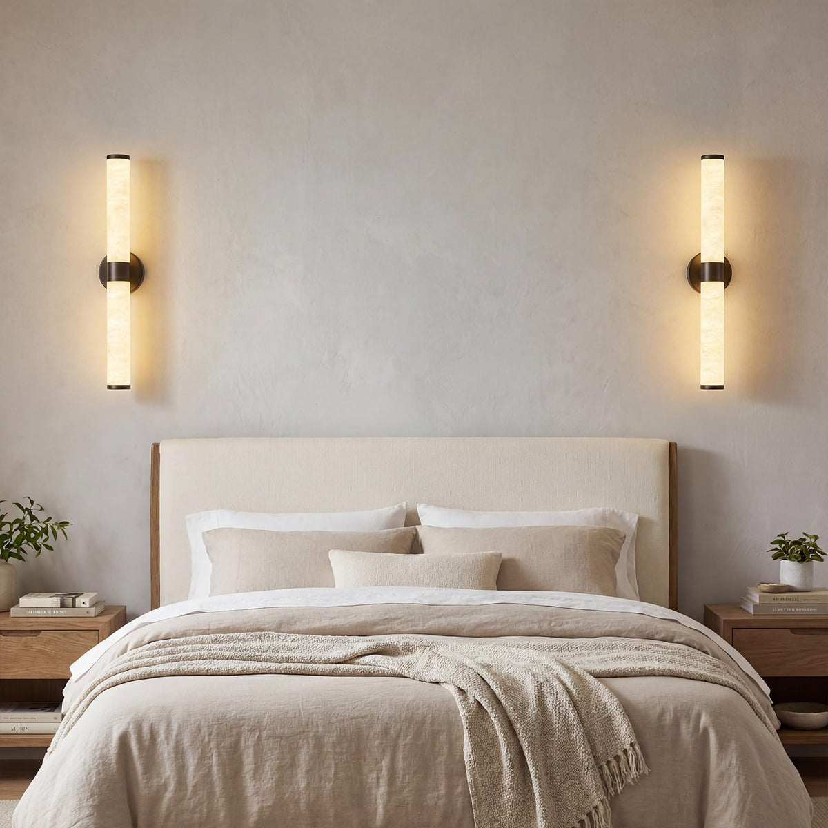 Natural Alabaster Wall Sconces Modern Black LED Wall Lights 24" Spanish Marble Cylinder Sconces for Living Room Bedroom Bathroom Hallway (Black-1 Pack)