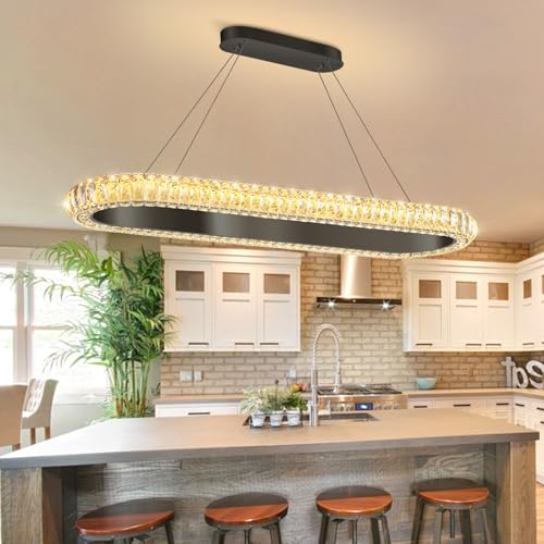 40'' Oval Ring Crystal Chandelier Modern LED Dimmable Ring Pendant Light Chandelier for Dining Room Living Room Black (Black / 1 Ring Oval 40")