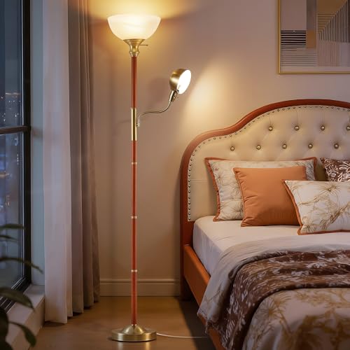 72" Wood Torchiere Floor Lamp with Glass Shade Gold Standing Lamp (Wood Color)