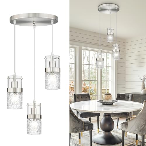 3 Light Brushed Nickel Cluster Pendant Light (Silver -Hammered Glass / 3.5" Hammered Glass, 3-Light)