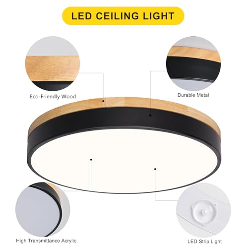 Modern Wood Black Flush Mount Ceiling Light 15.75 Inch (Black- Non-dimmable / 15.74 Inch)