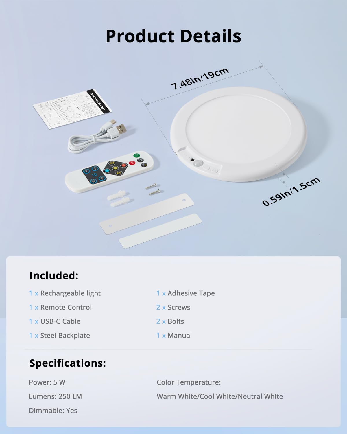 Rechargeable Shower Light Inside Waterproof Battery Operated (3CCT-White / 1 Pack)