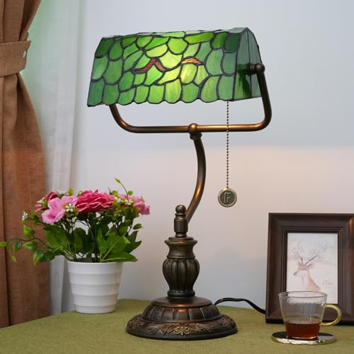 Tiffany Style Green Bankers Desk Lamp Stained Glass Lamps Tree Leaf Vintage Bedroom Bedside Study Pull Chain Reading Desk Light Retro Office Led Adjustable Nightstand Antique Accent Deskla (Green Leaves)