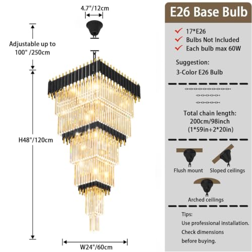 Modern Black and Gold Crystal Chandelier Large Foyer Chandelier for High Ceiling Long Entryway Chandeliers Adjustable Chain for Hall Living Room Entrance Staircase W24 x H80 17 Lights (D24"XH80" Black)