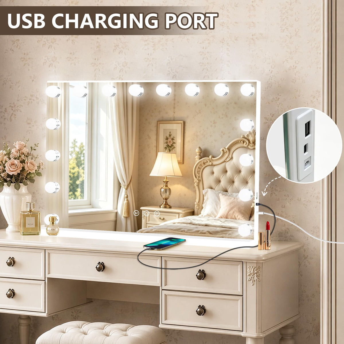 26" x 20" Hollywood Vanity Mirror with Lights (White / 26"L x 20"W)