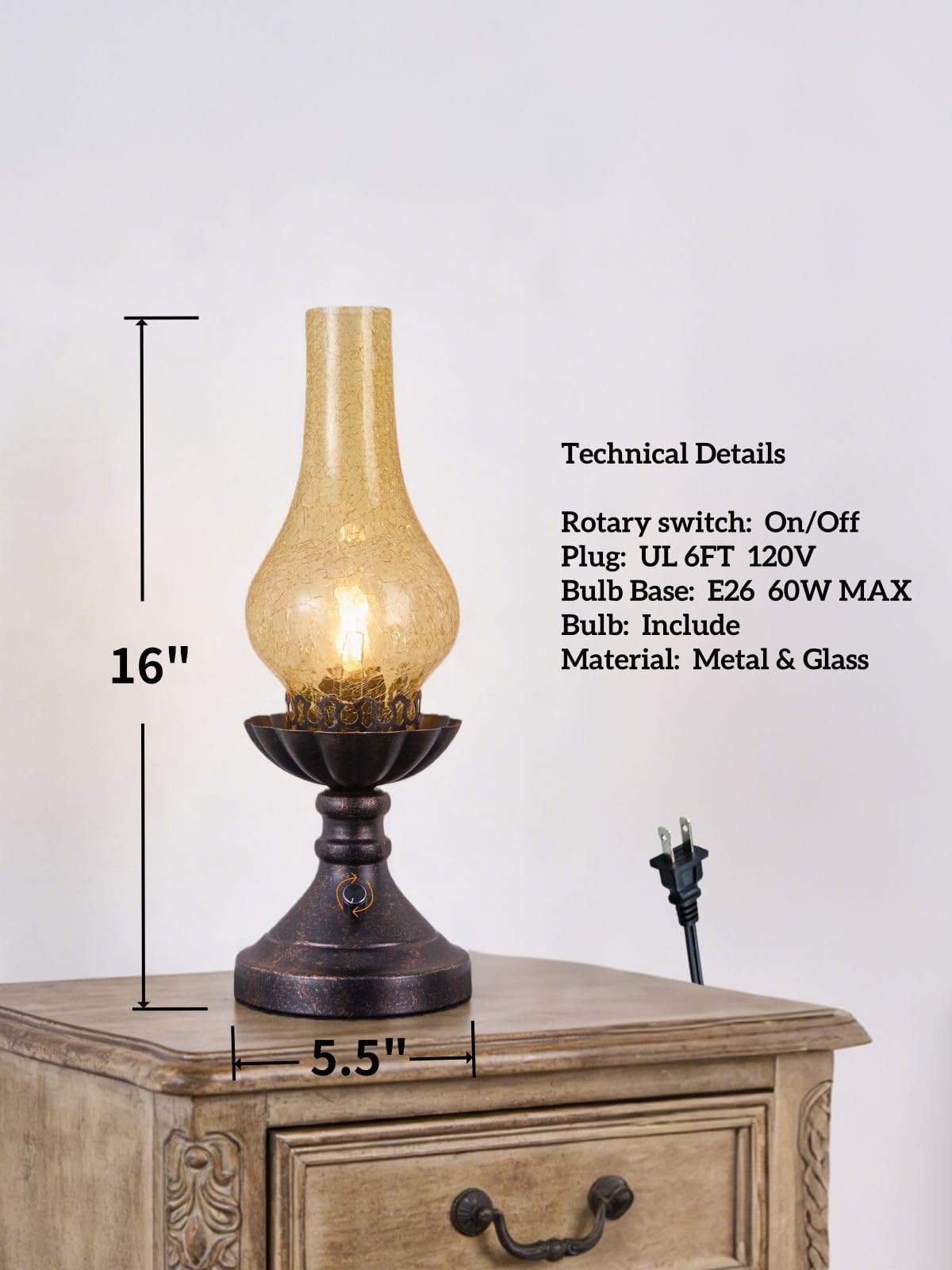 Vintage Table Lamp with Crackled Glass Shade & Rotary Knob Switch (Amber Rs)