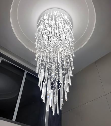 D32'' x H100'' Modern Crystal Chandelier High Ceiling Chandeliers for Entryway Glam Chandelier Large Raindrop Chandeliers LED Dimmable Light Fixtures for Staircaes Foyer Hallway Living Room Silver (D32'' x H100'' Silver)
