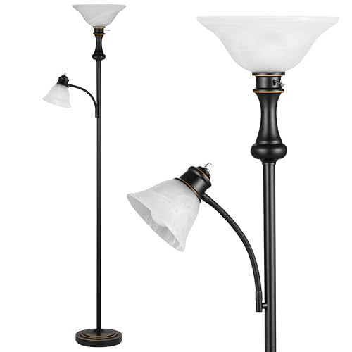 Torchiere Floor Lamp with Adjustable Angle Reading Lamp (Black)
