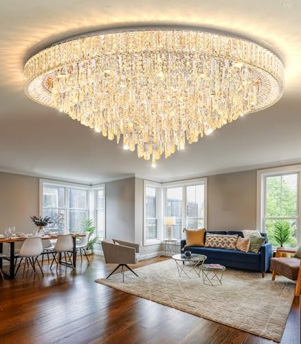 47" Modern Chandeliers LED Dimmable Crystal Flush Mount Ceiling Chandeliers for Living Room High Ceiling Entrance Foyer Lobby Bedroom Silver (Silver / 47.2" Width)