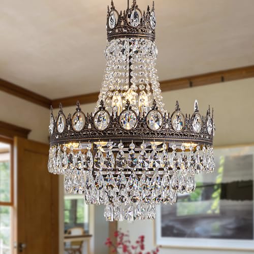 Vintage Crystal Chandeliers for Dining Room Light Fixture (D19"H25.6"- Antique Bronze)