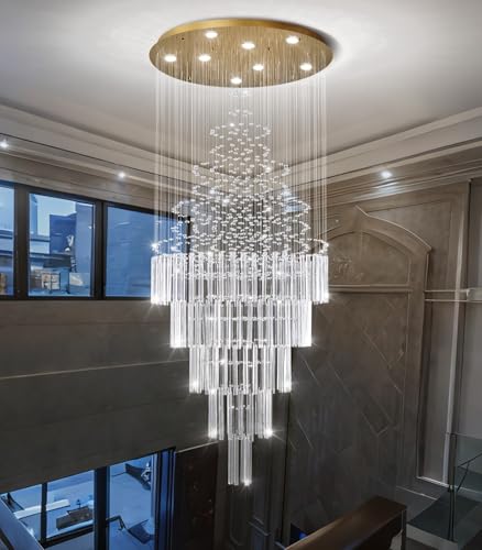 W24 x H78 Crystal Glam Chandelier Long Light Chandeliers with Dimmable Light Bulbs High Ceiling Light Fixtures for Foyer Entryway Living Room Stair Gold (Gold / Round W24" X H78")