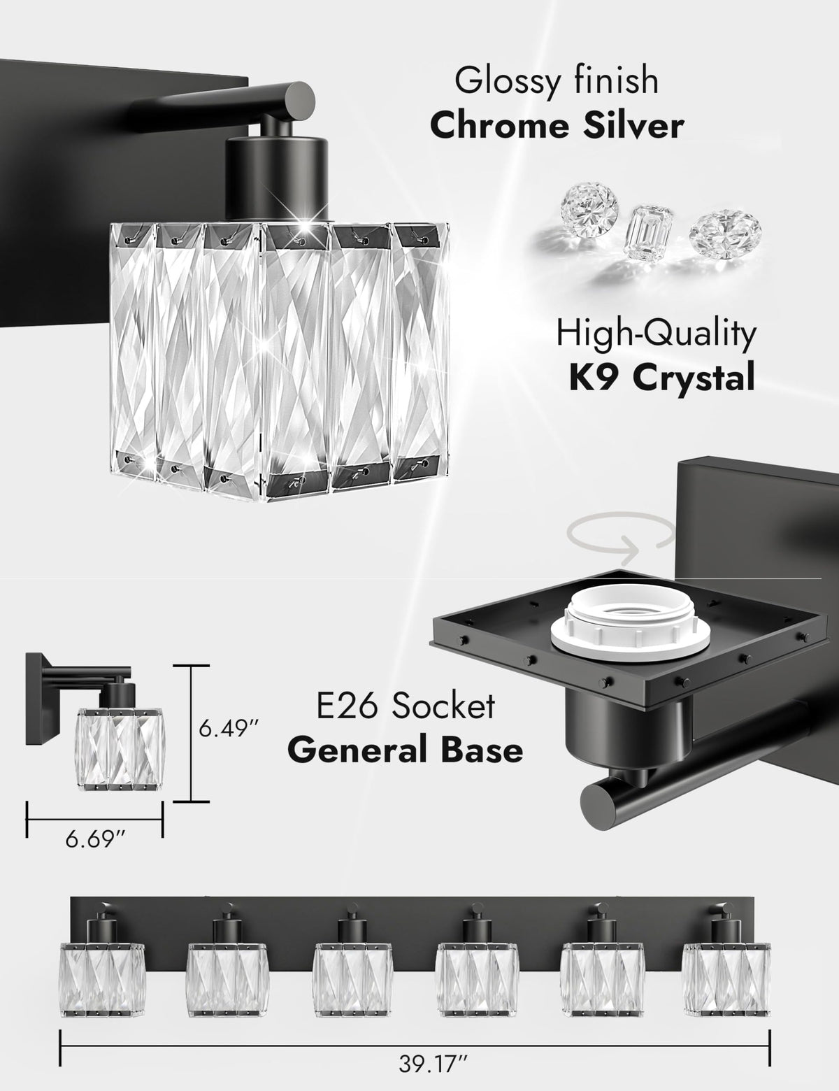 6 Light Crystal Bathroom Vanity Light Square (Matte Black-Square / 6 Light)