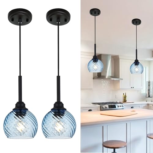 2 Pack Pendant Lights Kitchen Island with Blue Striped Swirl Globe Glass (Blue / 1-Light-2 Packs)