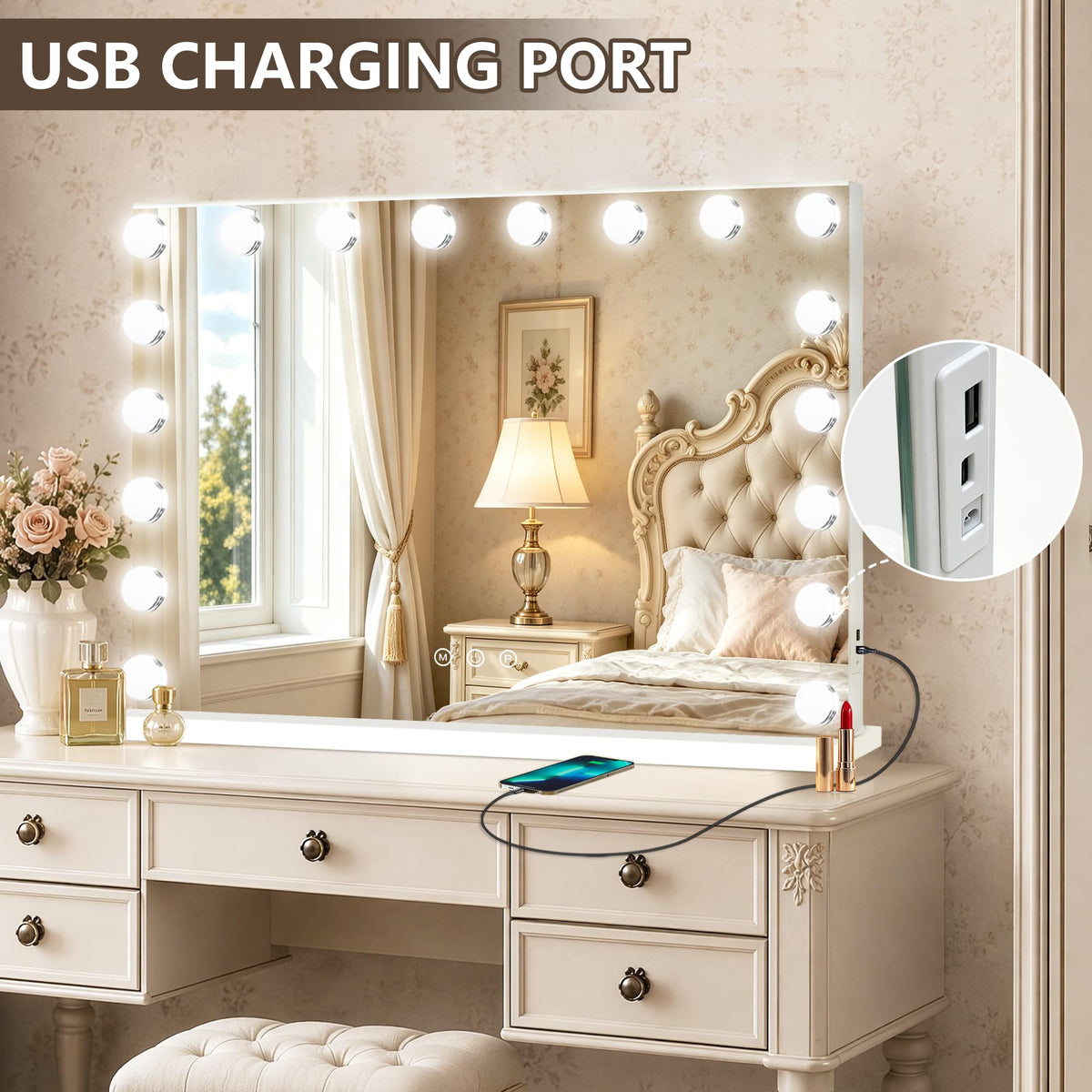 Hollywood Vanity Mirror with Lights (White / 36"L x 24"W)
