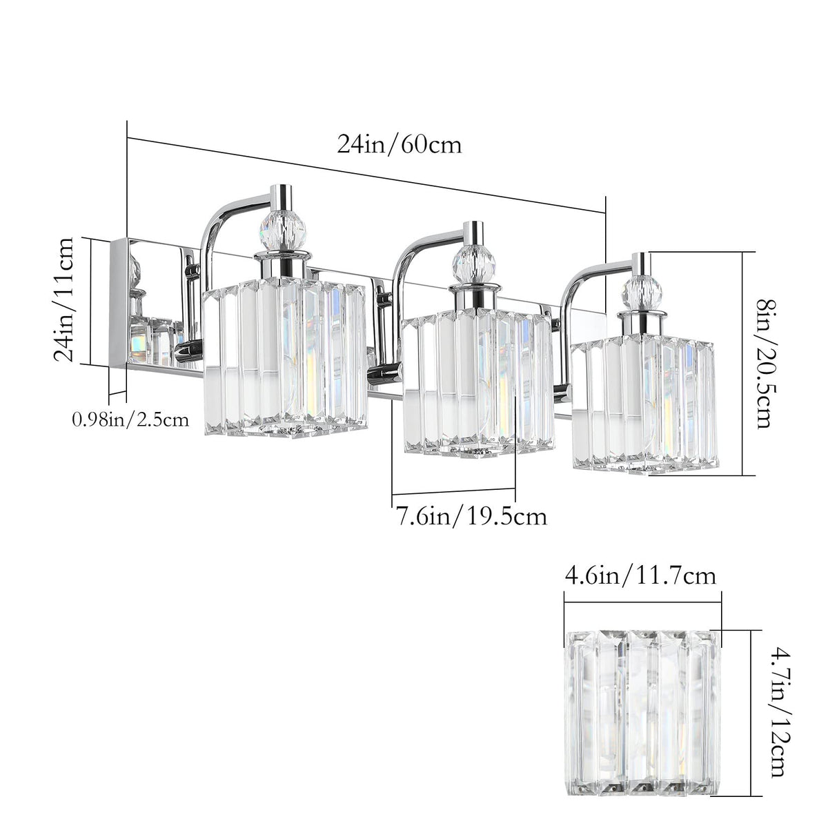 Modern Crystal Vanity Light 3 Light 24''Bathroom Lights Fixtures Over Mirror Chrome Vanity Light for Bathroom Wall Lighting (Square-Chrome / 24 inch)