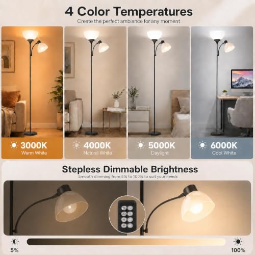 Torchiere Floor Lamp with Remote Control and Adjustable Reading Light (Matte Black)