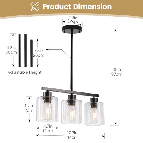 Black 3 Light Kitchen Island Lighting (Black & Clear Glass / 3 Light)