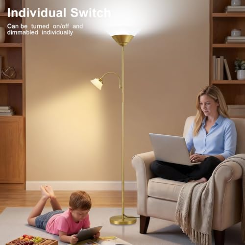 2-in-1 Torchiere Floor Lamp, 34W Super Bright LED Standing Lamp with Remote & Touch Control, 72" Dimmable Adjustable Corner Reading Lamp for Living Room, Bedroom, Office, Gold (Gold)