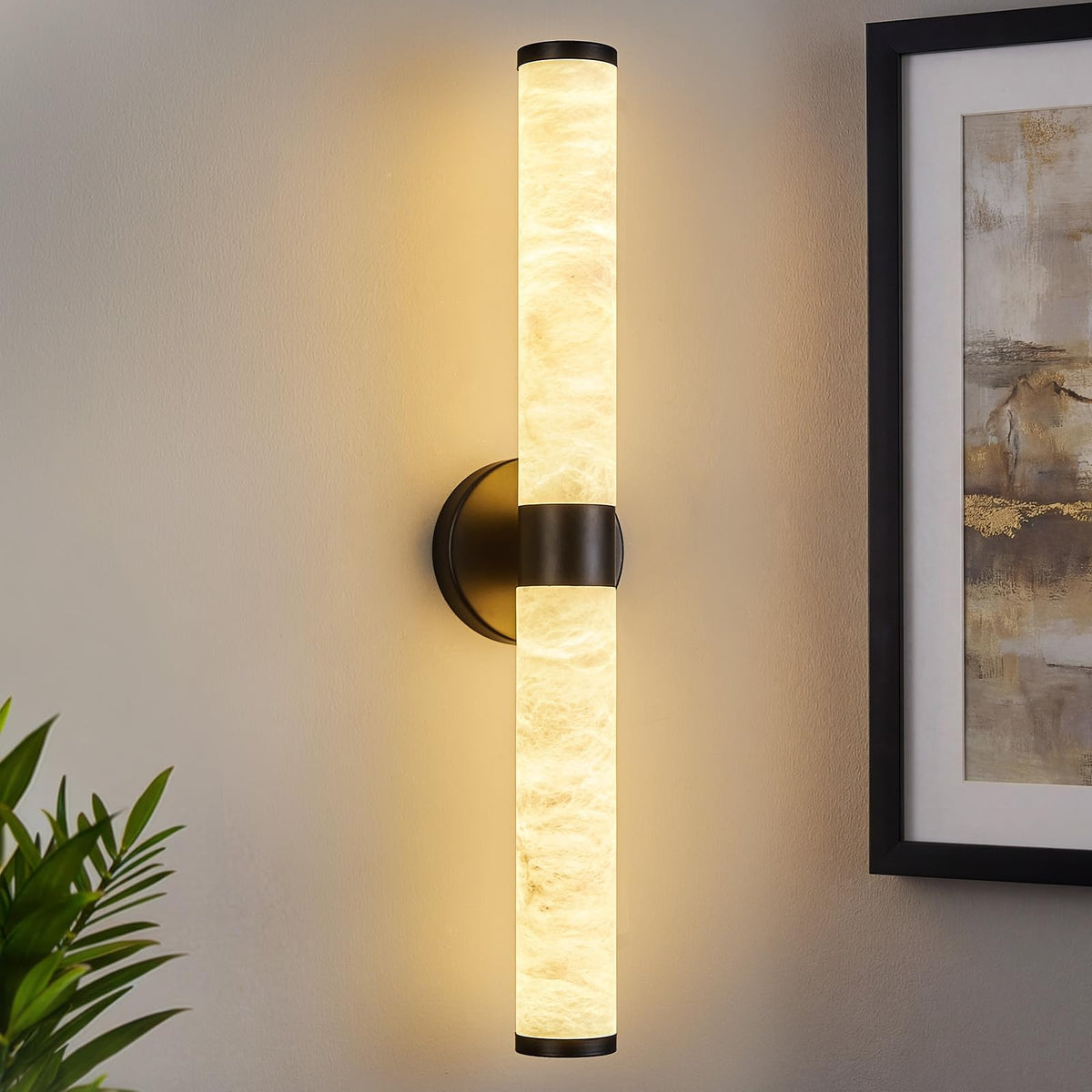 Natural Alabaster Wall Sconces Modern Black LED Wall Lights 24" Spanish Marble Cylinder Sconces for Living Room Bedroom Bathroom Hallway (Black-1 Pack)