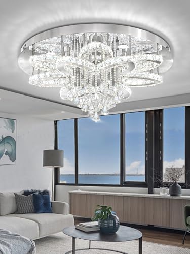 Modern Crystal Chandelier Crystal Flush Mount LED Ceiling Light Fixture for Living Room Foyer Dining Room Hallway Dimmable 2700k 4500k 6000k