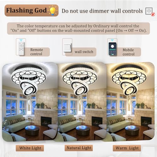 Dia 20" Modern Crystal Chandelier Flush Mount Chandeliers LED Dimmable Bedroom Chandelier Crystal Ceiling Light for Dining Room Living Room Foyer Black (Black / W:20inches)