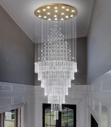 W40 x H120 Glam Chandelier with LED Bulbs Crystal Raindrop High Ceiling Pendant Light for Entrance Large Villa Chandelier Foyer Lighting Fixtures Gold (Gold / Round W40" X H118")