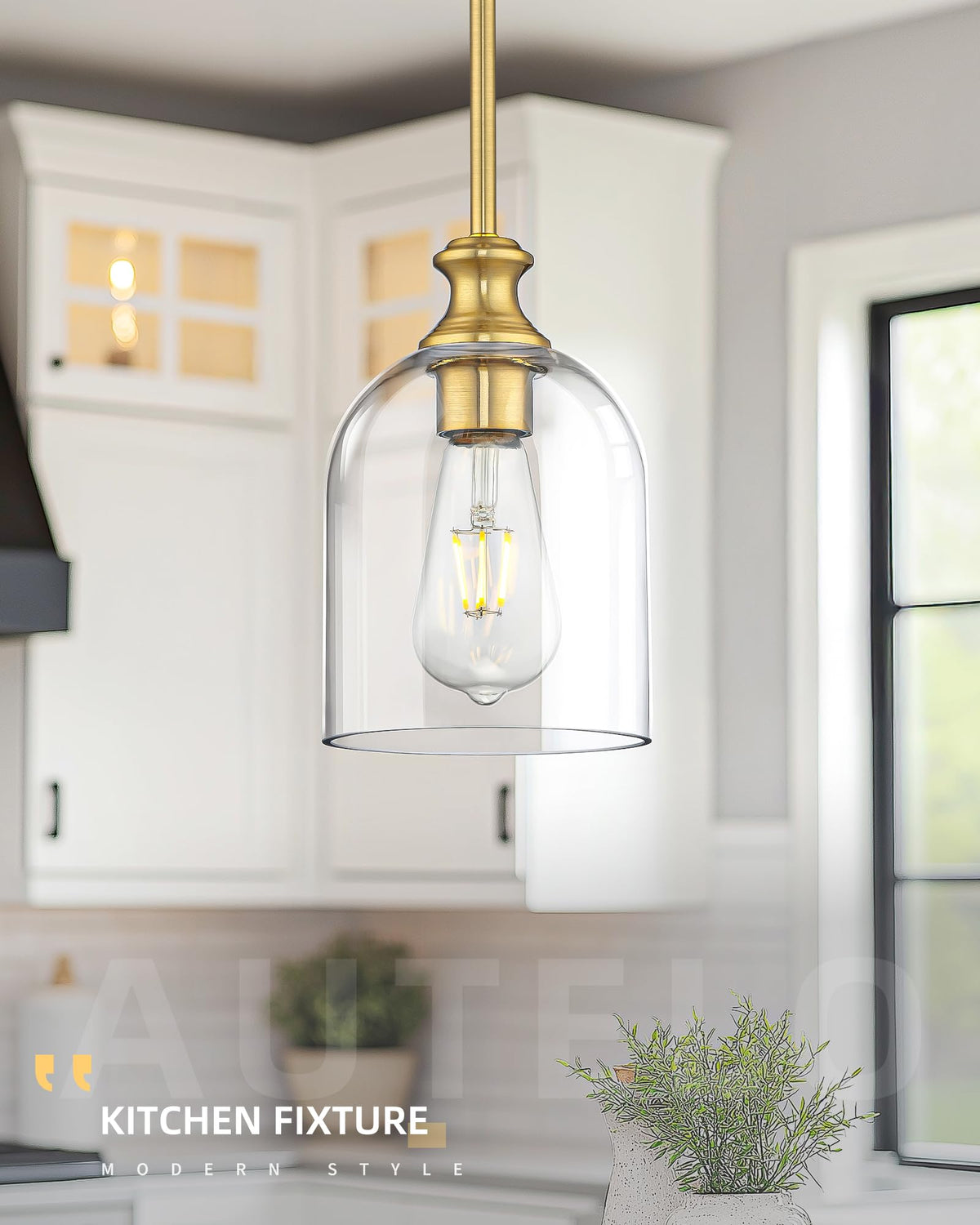Modern Gold Pendant Lights Kitchen Island Cylinder Glass (1 Pack-Brushed Gold+Clear Glass(Easy to install))