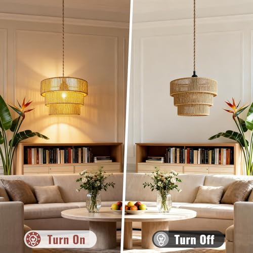 Hanging Light Rattan Lamp Shades Boho Lamp Shade Pendant Light (12.5 Inch Boho Lamp Shape)