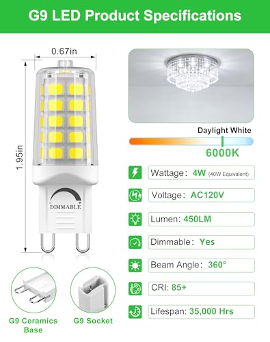 G9 LED Bulb Dimmable 4W 6000K Cool White 5 Pack 120V 40WEqv