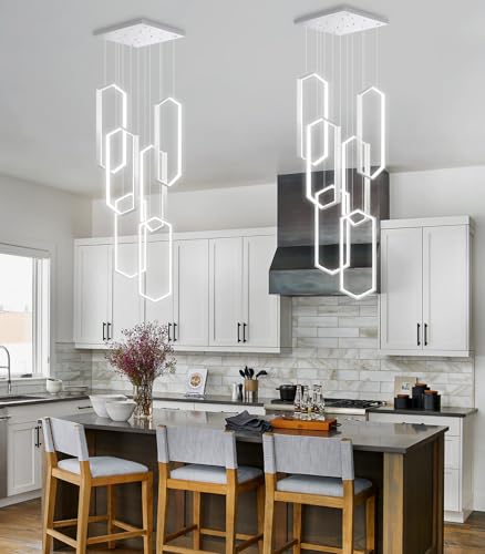 6 Rings Modern Chandelier LED Dimmable Pendant Lighting Adjust Flush Mount Ceiling Light for Foyer Lobby Living Room Staircaes Sliver 78.7'' (Silver / 20in x 9.8in x 78in)
